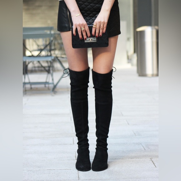 Stuart Weitzman Lowland Black Suede Over the Knee Thigh Boots Tie Back Sz 7.5 M - Picture 1 of 6